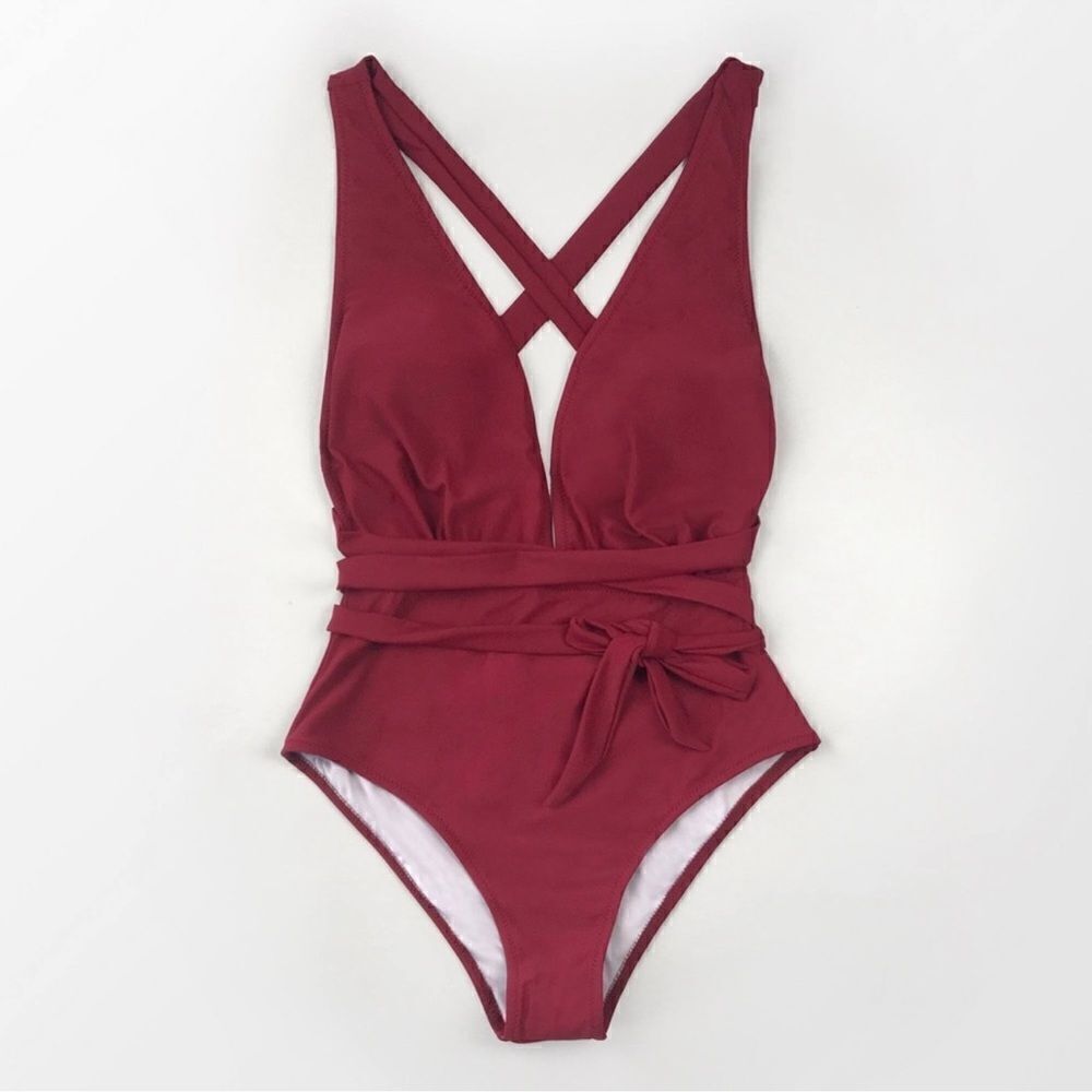 CUPSHE One Piece Swimsuit Deep V Neck Tie Waist Crisscross Back NEW Size Small - Picture 6 of 11
